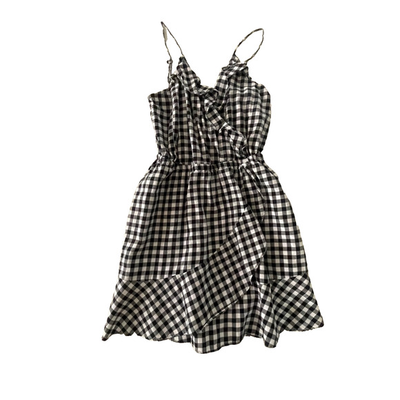 Express Women's XS Mini Dress Faux Wrap Black White Gingham Straps V-Neck Ruffle - Picture 1 of 6